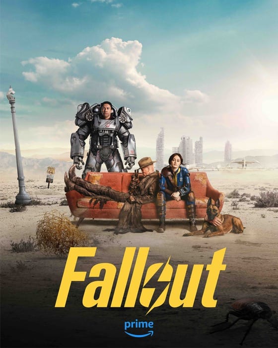 Fallout Promo Poster of Maximus, The Ghoul, Lucy and CX404 on a couch in the Wasteland.